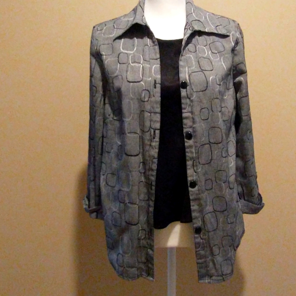 Dressbarn Gray and Black Button Down Shirt with Attached Blouse